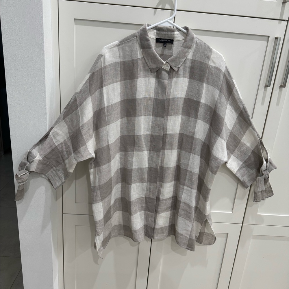 Lafayette 148 New York Grayish and Cream Plaid Shirt ladies XL